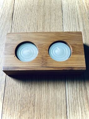 NWOT “Design Ideas” wooden tea light candle holder, & 2 unscented tea lights